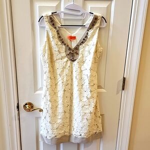 HALE BOB CABANA SLEEVELESS DRESS 👗 FLORAL LACE WITH RHINESTONES ANS SUEDE TRIM